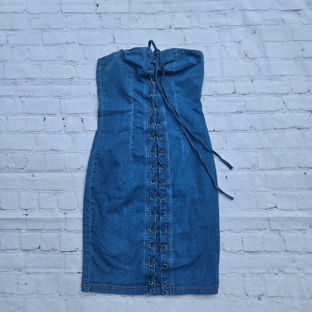 Forever 21 y2k Denim corset Lace Up Front Tube Dress Strapless Bodycon Small